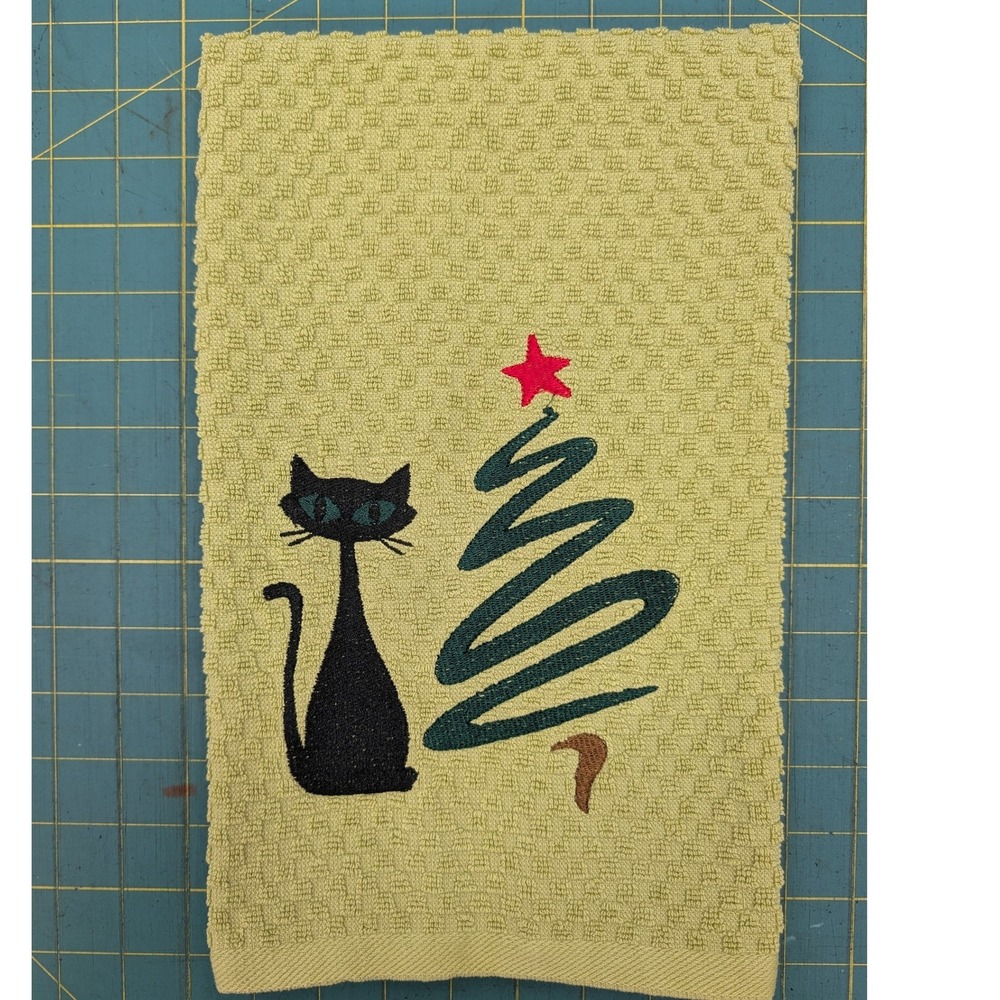 Christmas Swirl Tree Retro Cat Mid Century Modern Atomic Kitchen Bath Hand Towel